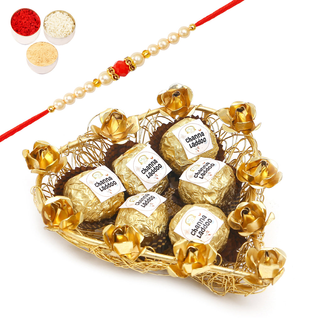 Rakhi Gifts Sweets-Mesh Heart Tray of Channa Laddoos With pearl beads rakhi