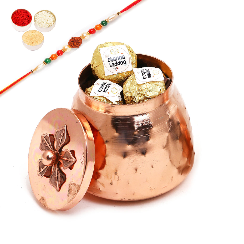 Rakhi Gifts Sweets-Metal Barni of Channa Laddoo With rudraksh Rakhi