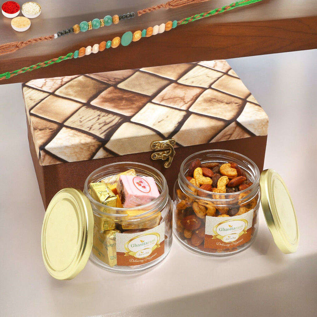 Rakhi Gifts-Miracle Box of 2 Jars Of Assorted Bites and Mix Dryfruits With 2 Green Beads Rakhis