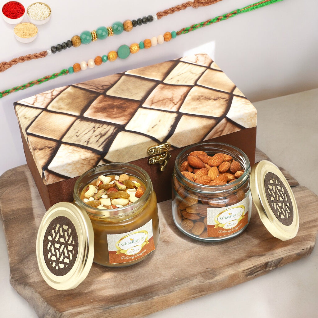 Rakhi Gifts-Miracle Box of 2 Jars Of Dryfruit Halwa and Almonds With 2 Green Beads Rakhis