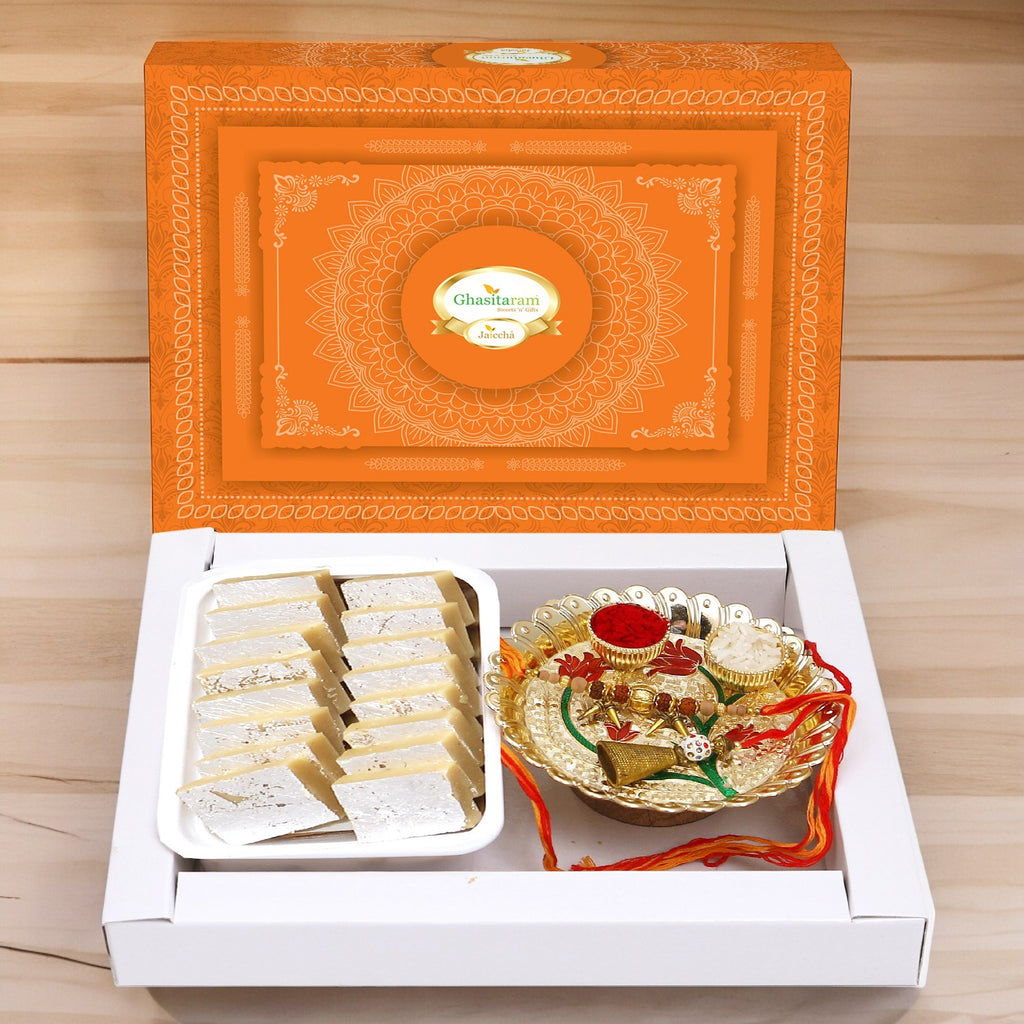 Rakhi Gifts Sweets-White Box of Kaju Katlis, Pooja Thali and Bhaiya Bhabhi Rakhis