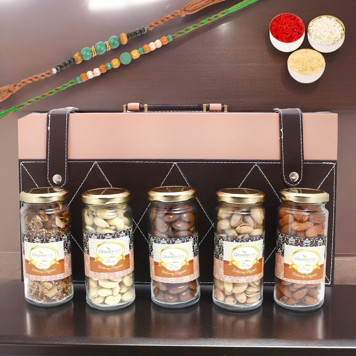 Rakhi Gifts-Signature Wooden Box wooden with 5 Assortments With 2 Green Beads Rakhis