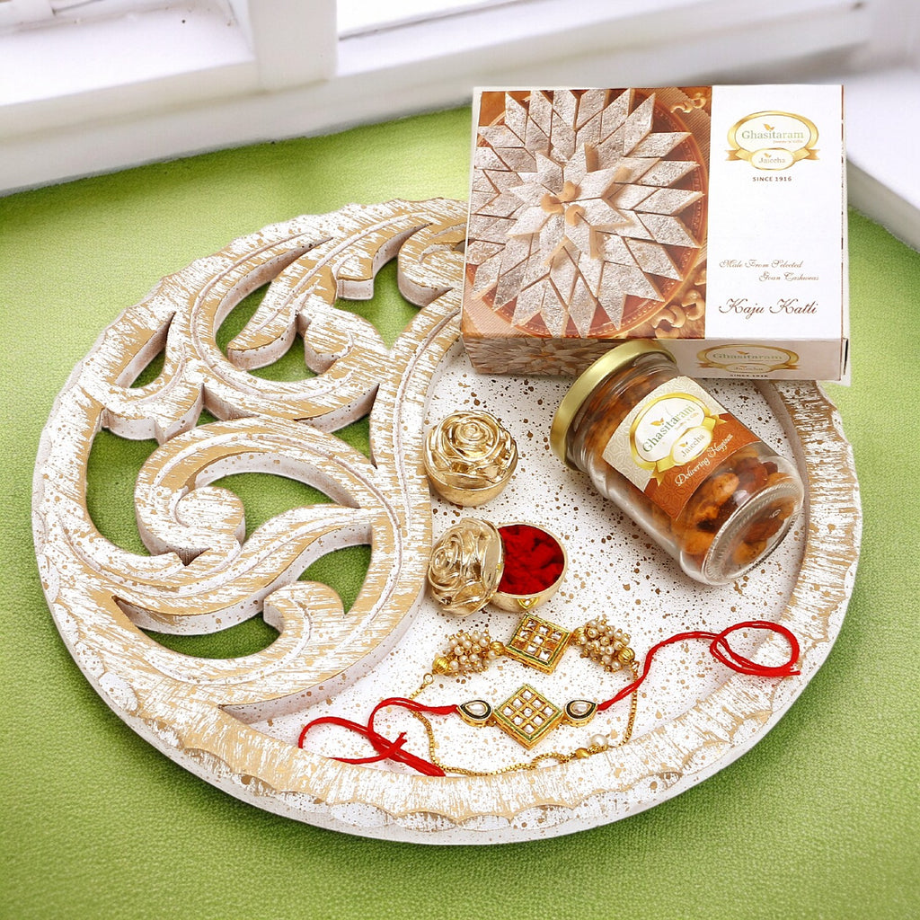 Rakhi Gifts-White Wooden Thali with Mix Dryfruits, Kaju Katlis and Bhaiya Bhabhi Rakhis