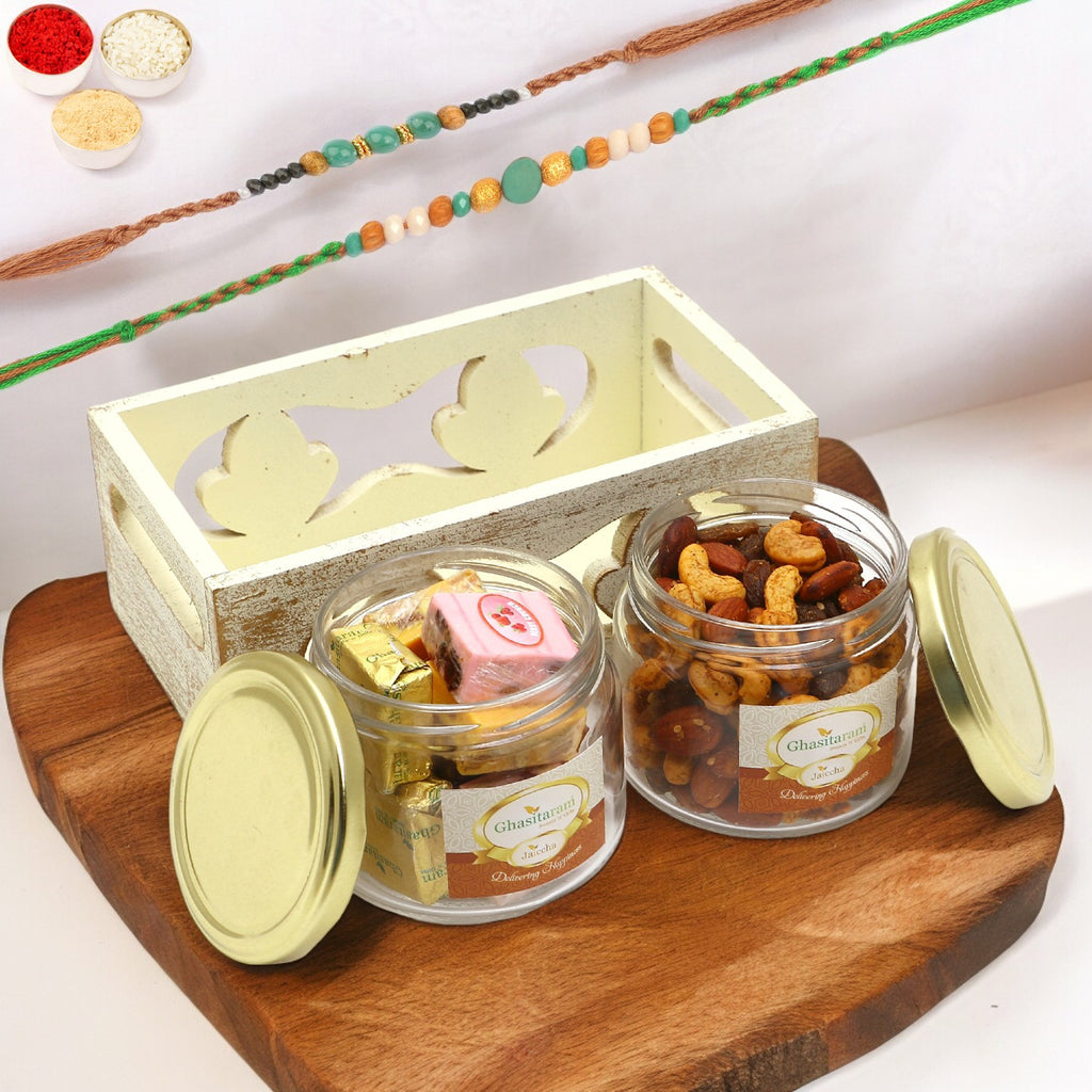 Rakhi Gifts-White Wooden Tray of 2 Jars Of Assorted Bites and Mix Dryfruits With 2 Green Beads Rakhis