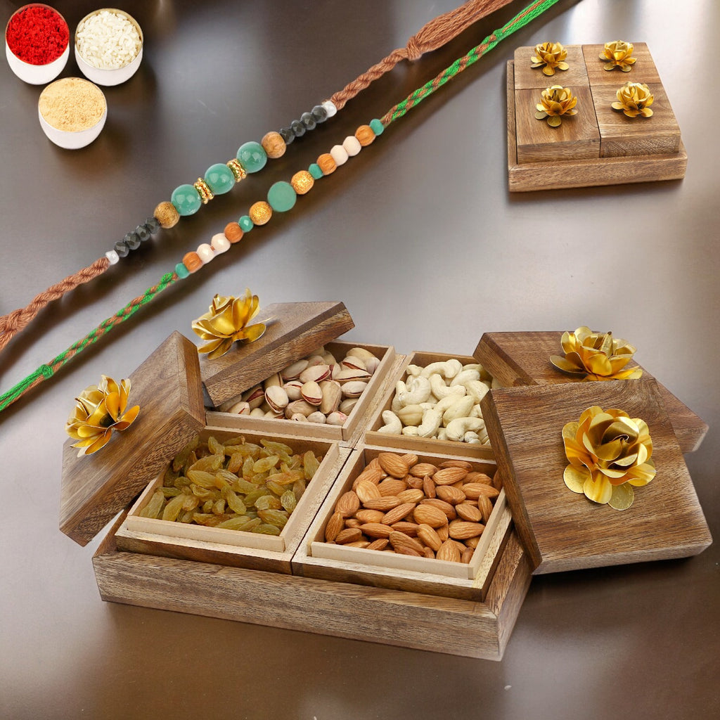 Rakhi Gifts-Wooden 4 Dryfruits Box With 2 Green Beads Rakhis