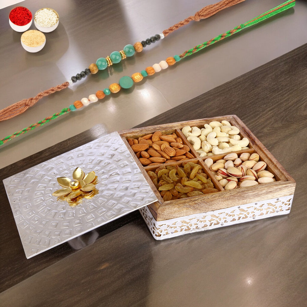 Rakhi Gifts-Wooden Metal Box of 4 Dryfruits With 2 Green Beads Rakhis