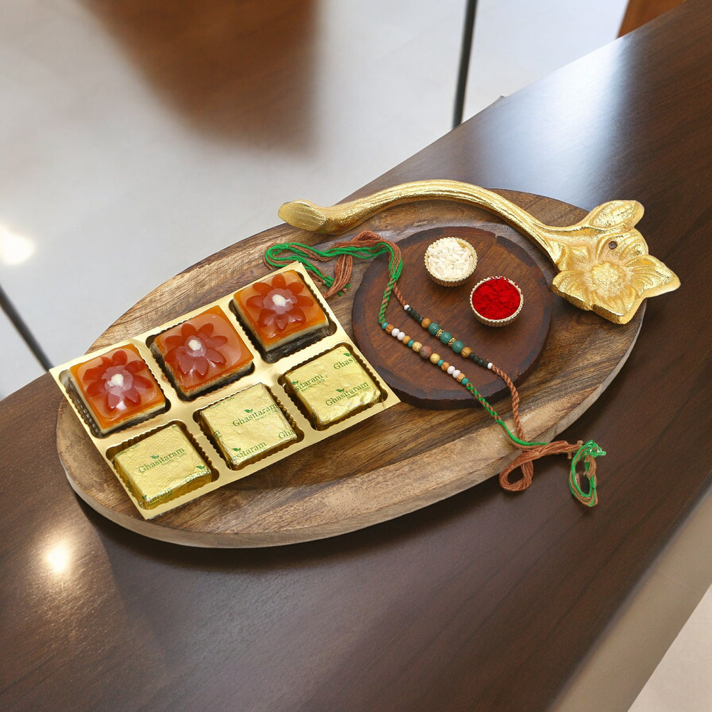 Rakhi Gifts-Wooden Platter of Mewa and Mango Bites, Pooja Thali  With 2 Green Beads Rakhis