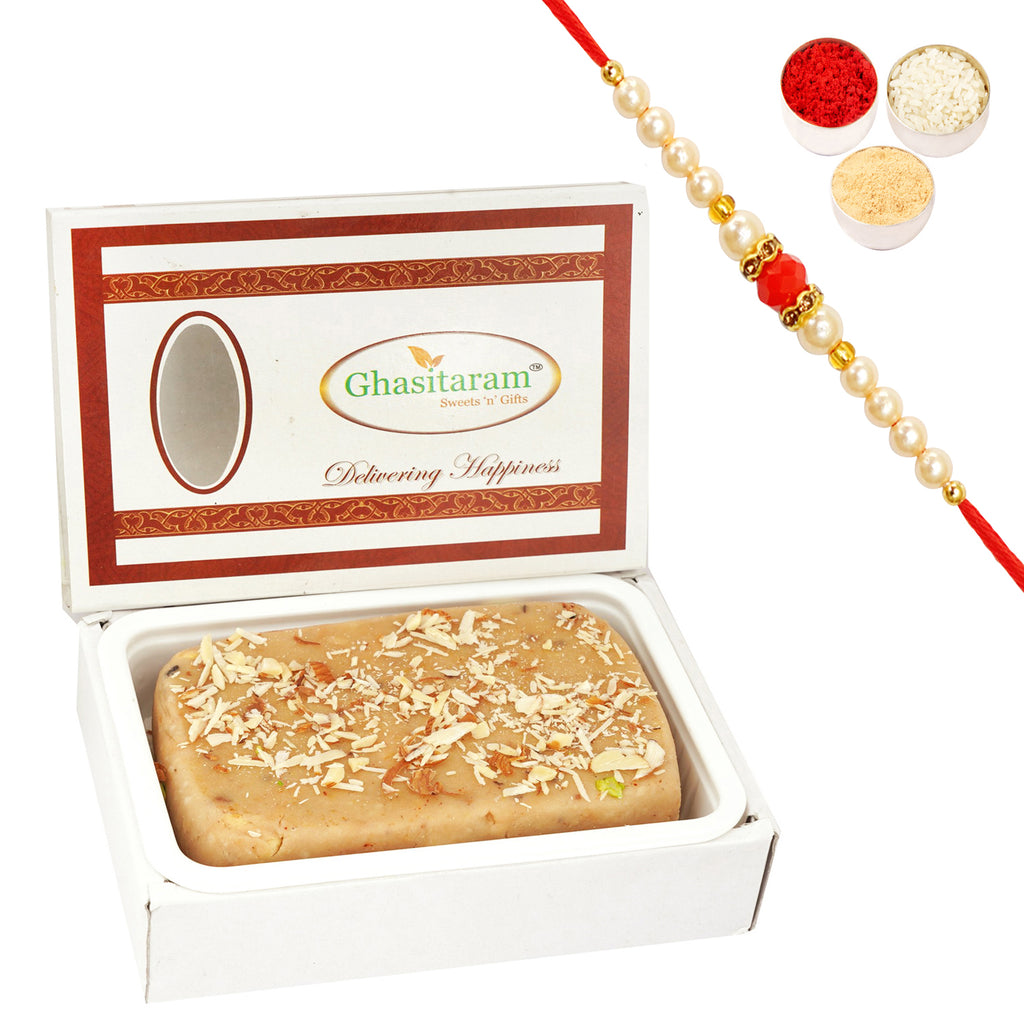 Honey Cashew Mithai Cake With 2 Pearl Beads Rakhis