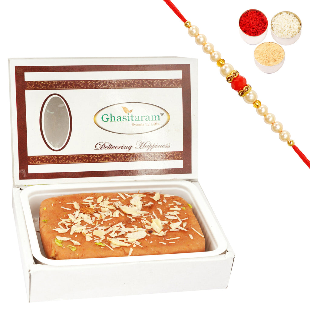 Jaggery (Gud) Cashew Mithai Cake With 2 Pearl Beads Rakhis