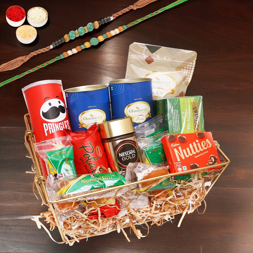 Rakhi Gifts-Designer Metal basket of 13 Goodies With 2 Green Beads Rakhis