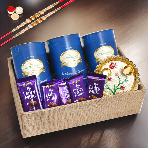 Rakhi Gifts-Jute Tray of Assortments Small With 2 pearl Rakhis
