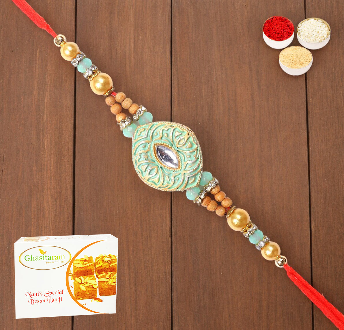 Rakhis Online Australia-8469 Premium Rakhi  with 200 gms Besan Barfi