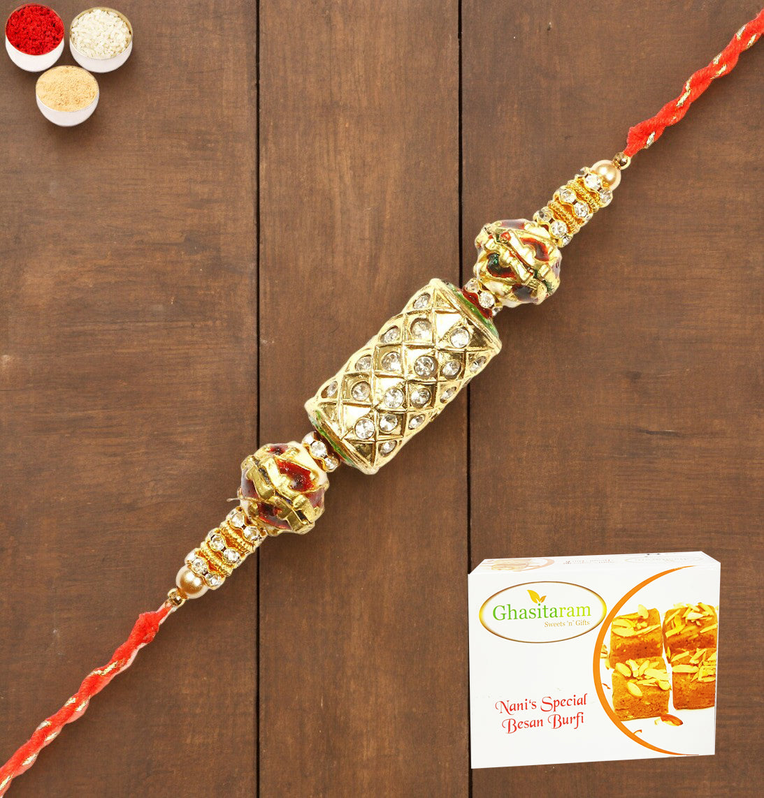 Rakhis Online USA- RM-579 Premium Rakhi with 200 gms Besan Barfi