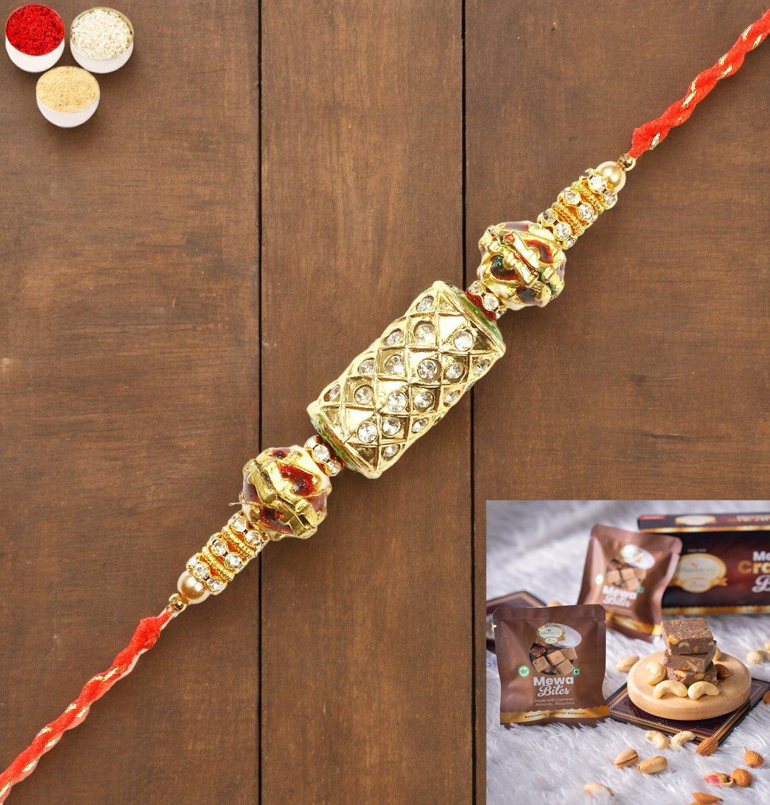 Rakhis Online UK-RM-579 Premium Rakhi with  Mewa Bites box