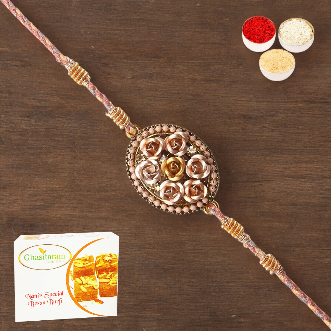Rakhis Online USA-  RM-640 Premium Rakhi  with 200 gms Besan Barfi