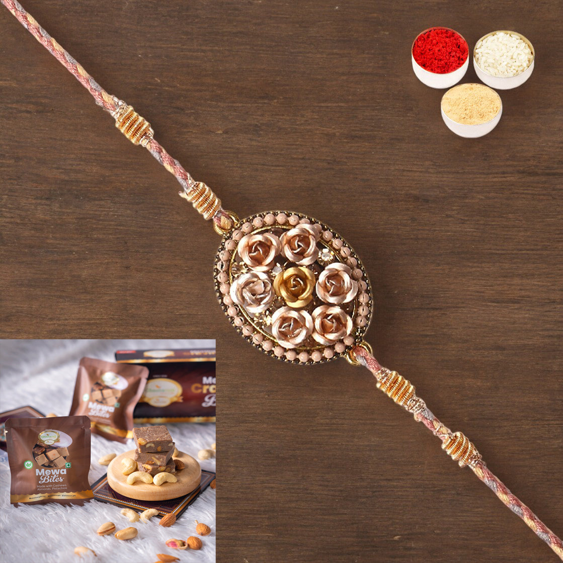 Rakhis Online UK-RM-640 Premium Rakhi  with  Mewa Bites box
