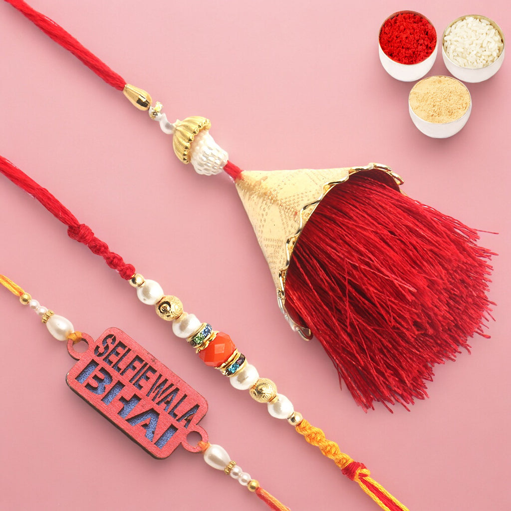 Rakhi for Brother Rakhis Online - Set of 3 Bong of Blessings Bhaiya Bhabhi Rakhi and Selfiewala Bhai Kids Rakhi