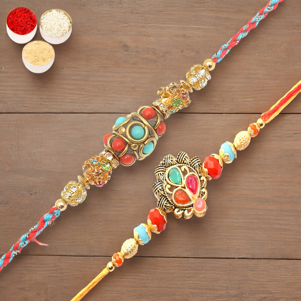 Rakhi for Brother Rakhis Online - Set of 2 Beautiful Colours and  Blue Ethnic Premium Rakhis