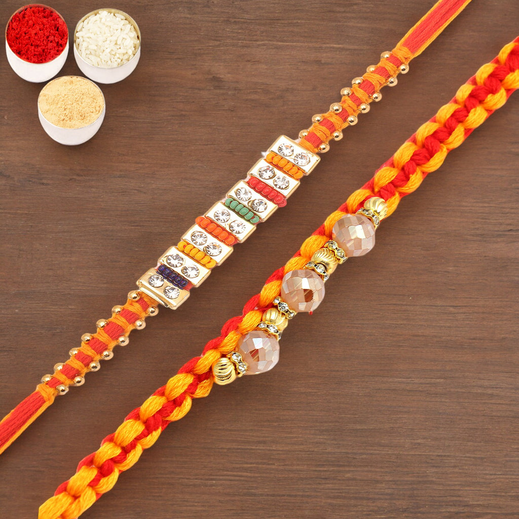 Rakhi for Brother Rakhis Online - Set of 2 Glittering Thread and  Multicolour Stone Premium Rakhis