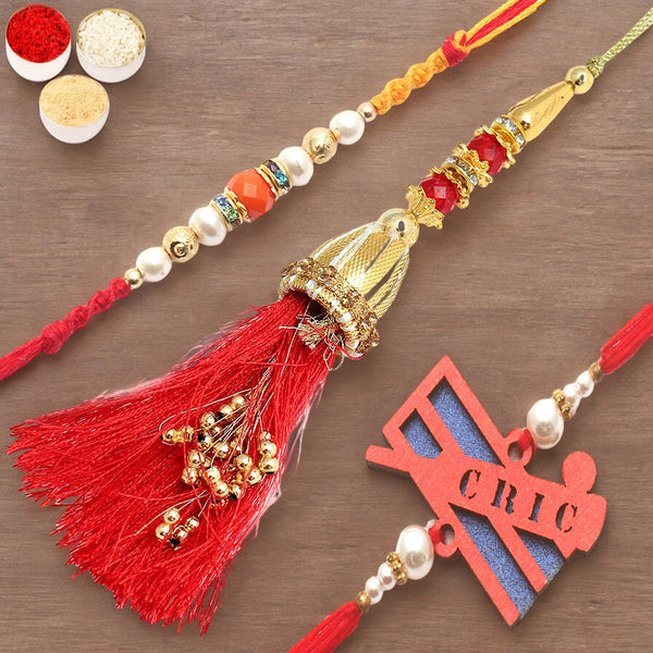 Set of 3 Golden Ibiza Bhaiya Bhabhi Rakhi and Cricketer Kids Rakhi