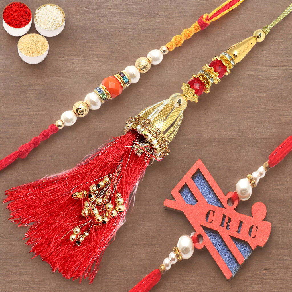 Set of 3 Golden Ibiza Bhaiya Bhabhi Rakhi and Cricketer Kids Rakhi