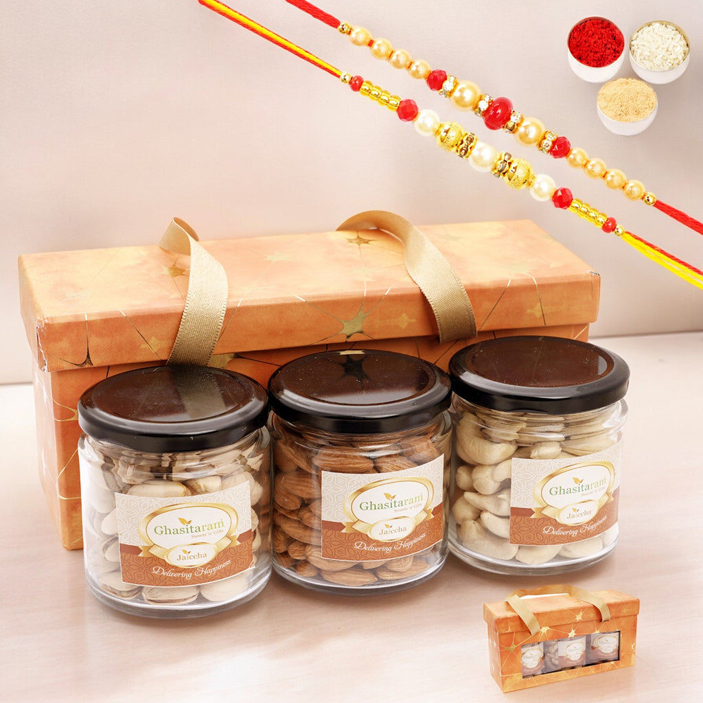 Rakhi Gifts-3 jars Orange Box with dryfruits with 2 Rakhis