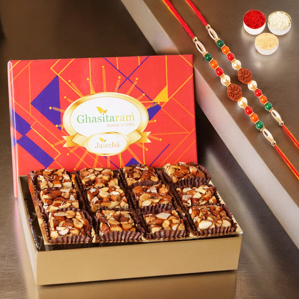 Rakhi Sweets-Sugarfree Almond Delight in Premium Box 12 pcs with 2 Rudraksh rakhis