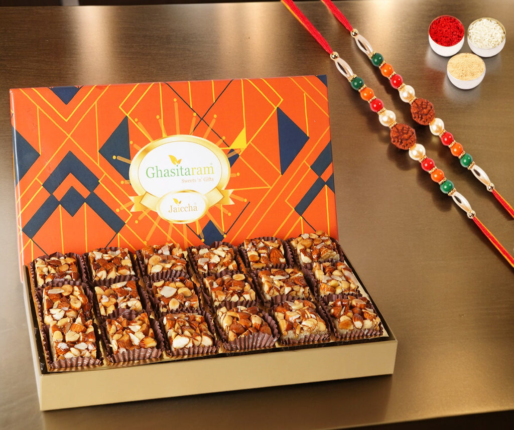 Rakhi Sweets-Sugarfree Almond Delight in Designer Box 18 pcs with 2 Rudraksh rakhis