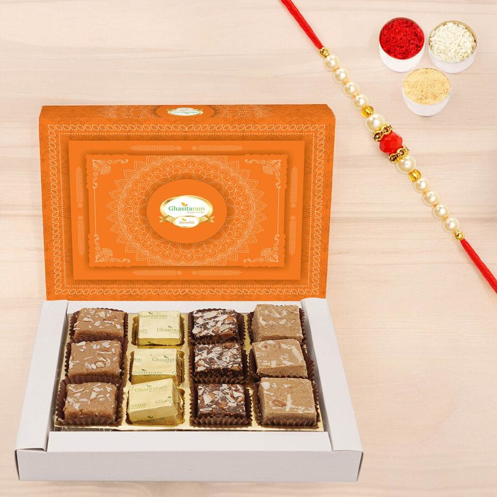 Rakhi Gifts-Ghasitaram Special Barfis Box 12 pcs with Pearl Beads Rakhi