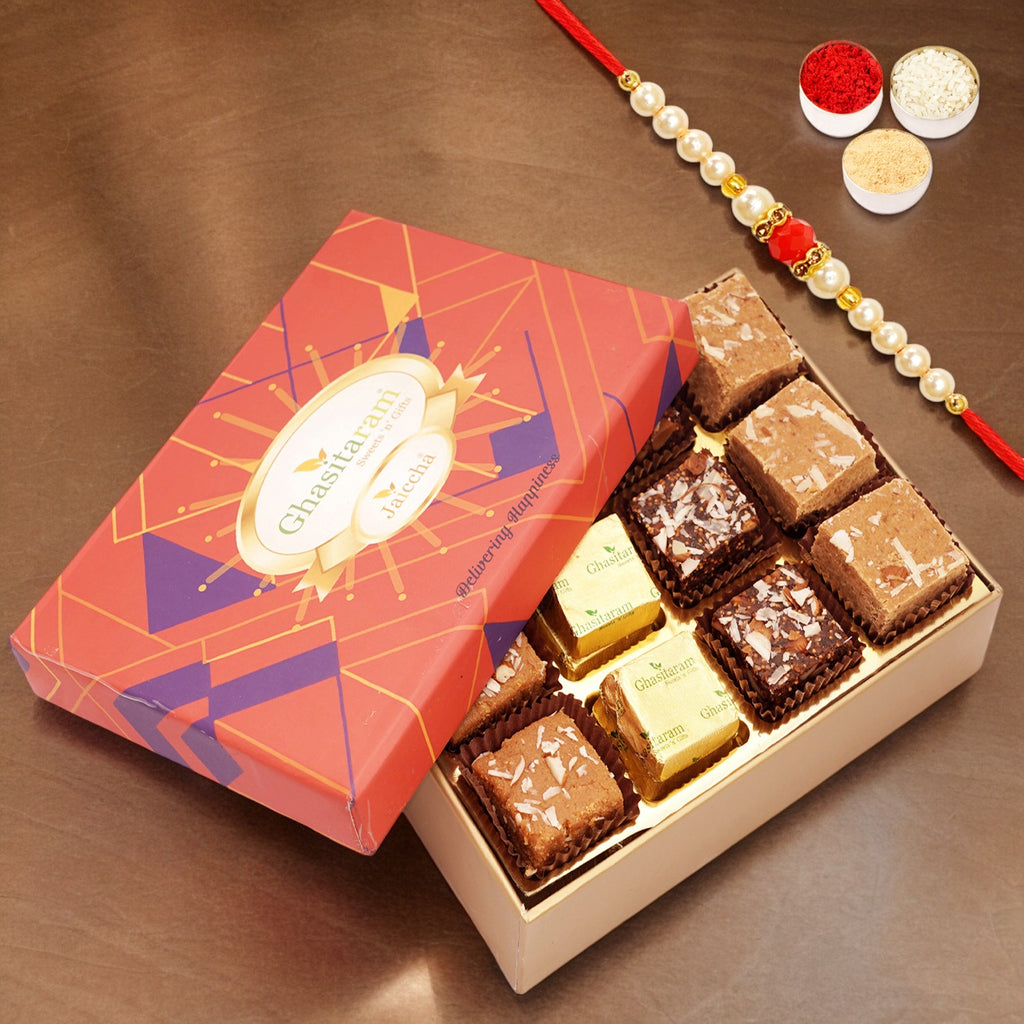 Rakhi Gifts-Ghasitaram Special Barfis Box 12 pcs in a Premium Box with Pearl Beads Rakhi