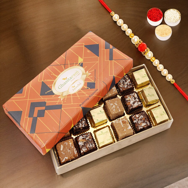 Designer Rakhi Sweets Box | 18 Ghasitaram Barfis with Rakhi | Raksha Bandhan Gift