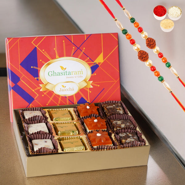 Rakhi Sweets-Assorted Bites in Premium Box 12pcs with 2 Rudraksh rakhis