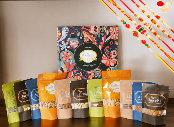 Rakhi Gifts-Ghasitaram Big Hamper box of 11 pouches with 5 Rakhi