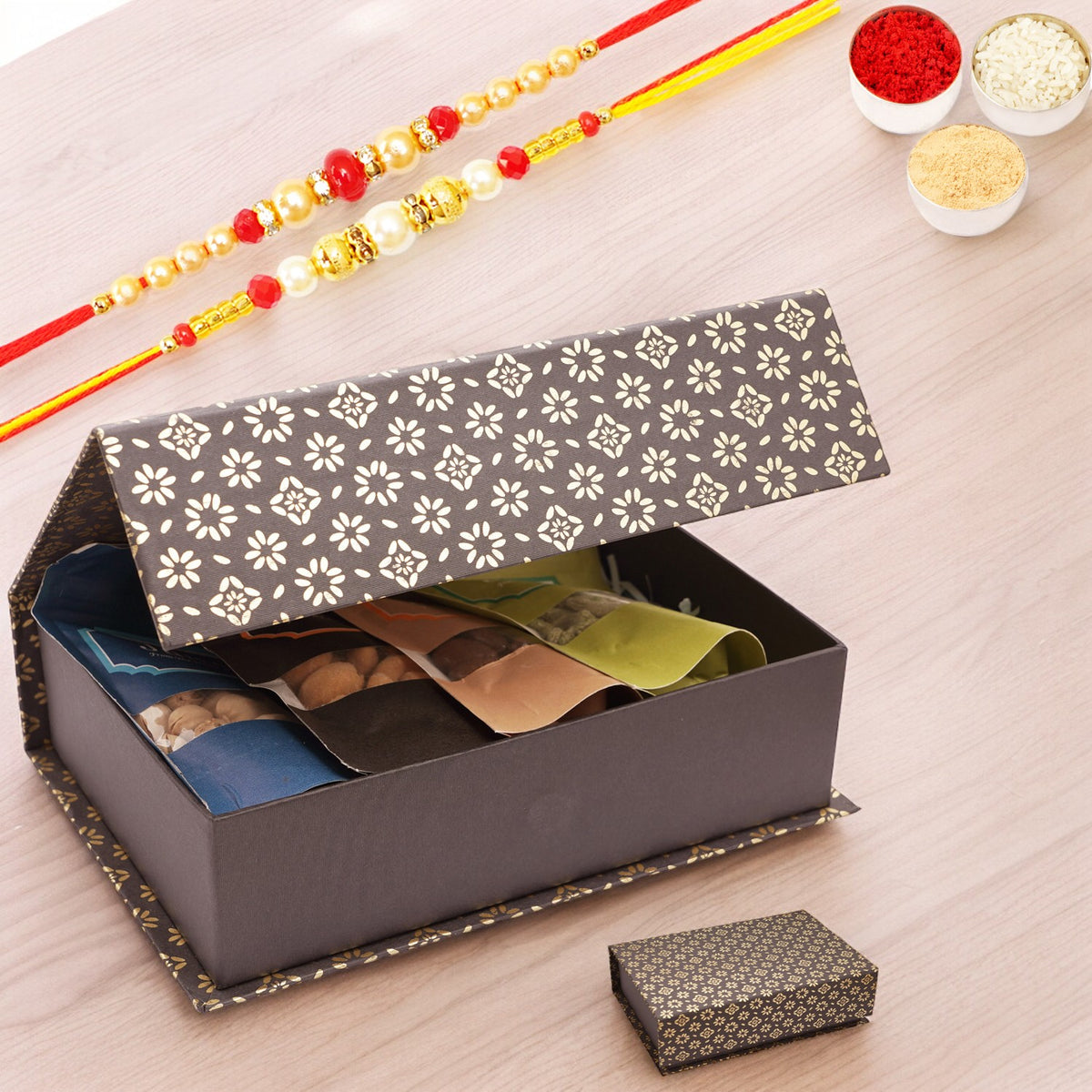 Luxury Rakhi Gifts | Black Gift Box with Assorted Dryfruits & rakhis | Raksha Bandhan Hamper