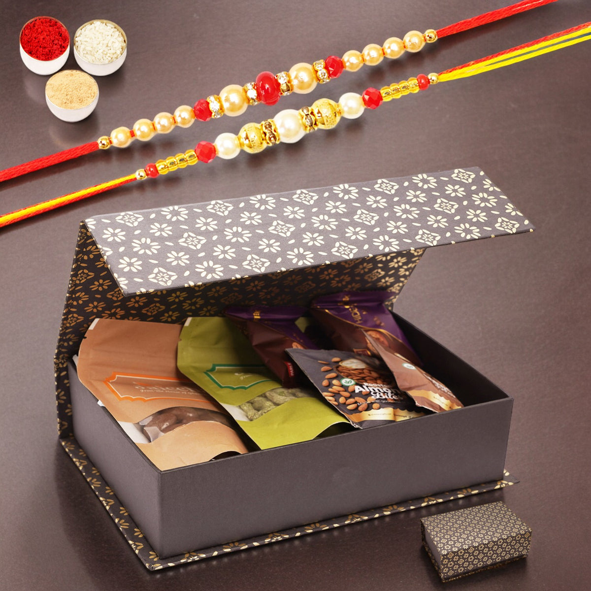 Luxury Rakhi Gifts | Black Gift Box with Assorted Dryfruits & rakhis | Raksha Bandhan Hamper