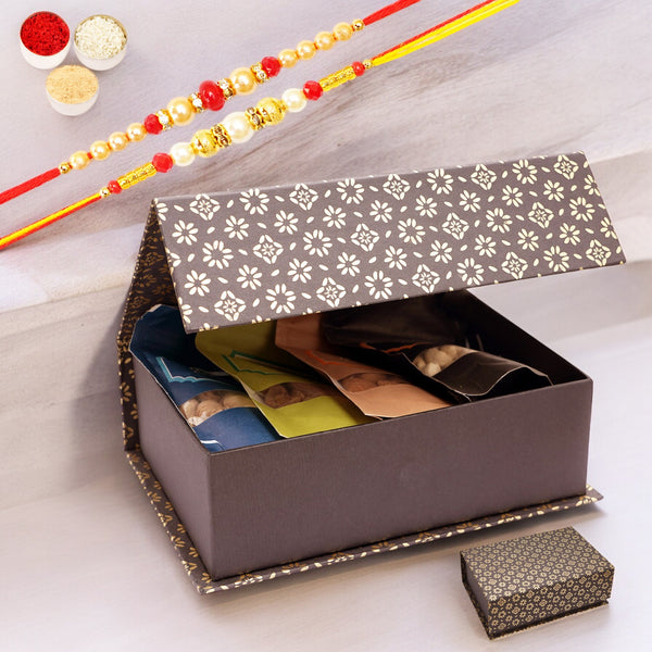 Luxury Rakhi Gifts | Black Gift Box with Assorted Dryfruits & 2 Rakhis | Raksha Bandhan Hamper
