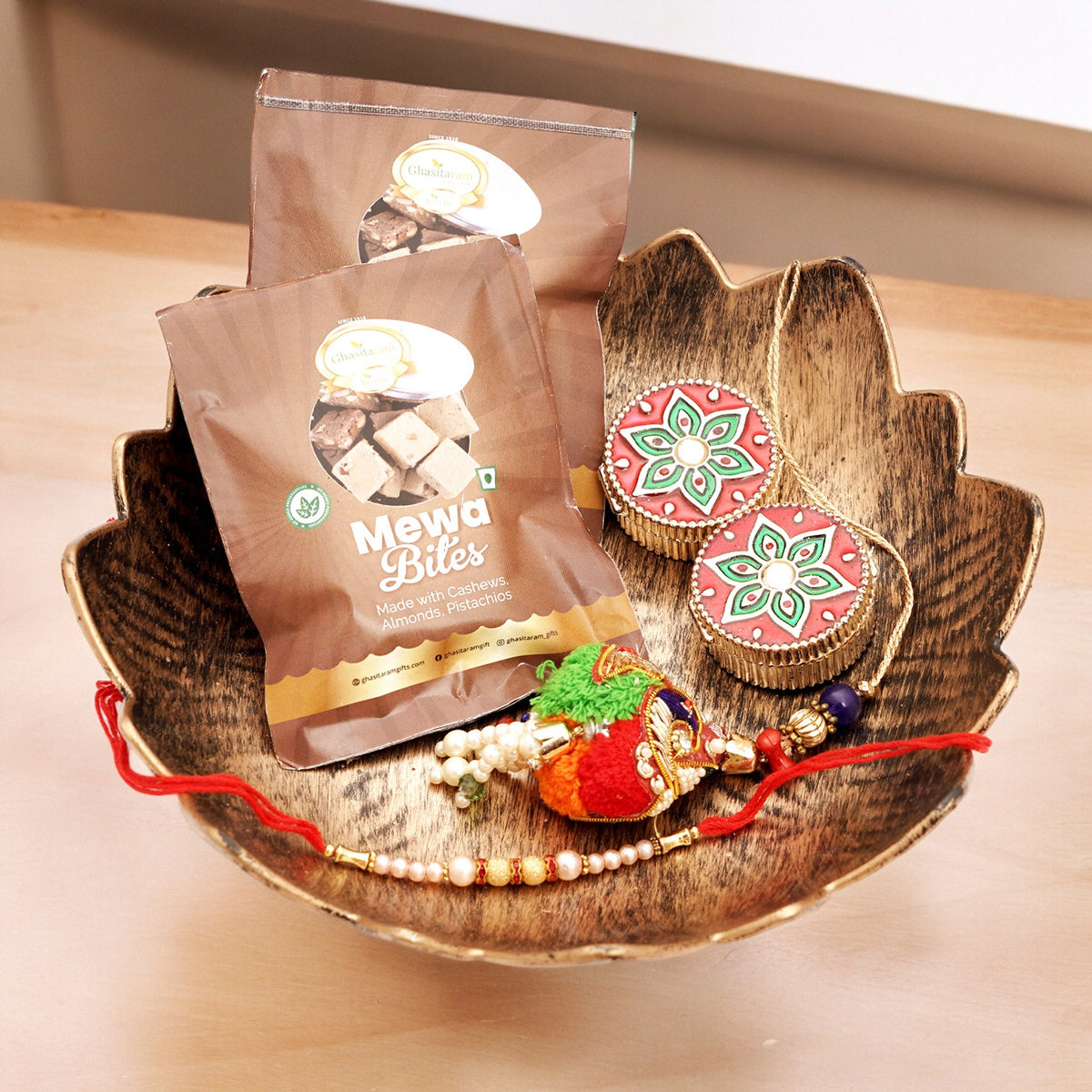 Bhaiya Bhabhi Rakhi Set | Brown Flower Platter | Premium Rakhi Gifts | Rakhi Hampers