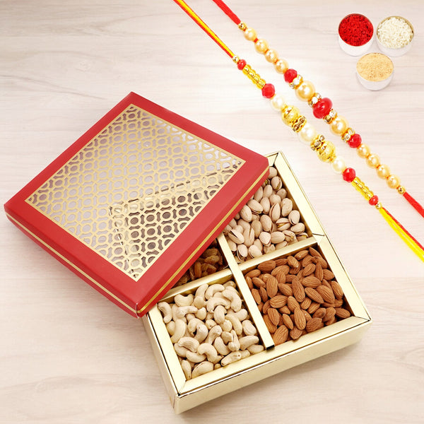 Premium Rakhi Gifts | Carving Wooden Gift Box with 2 Rakhis | Raksha Bandhan Special