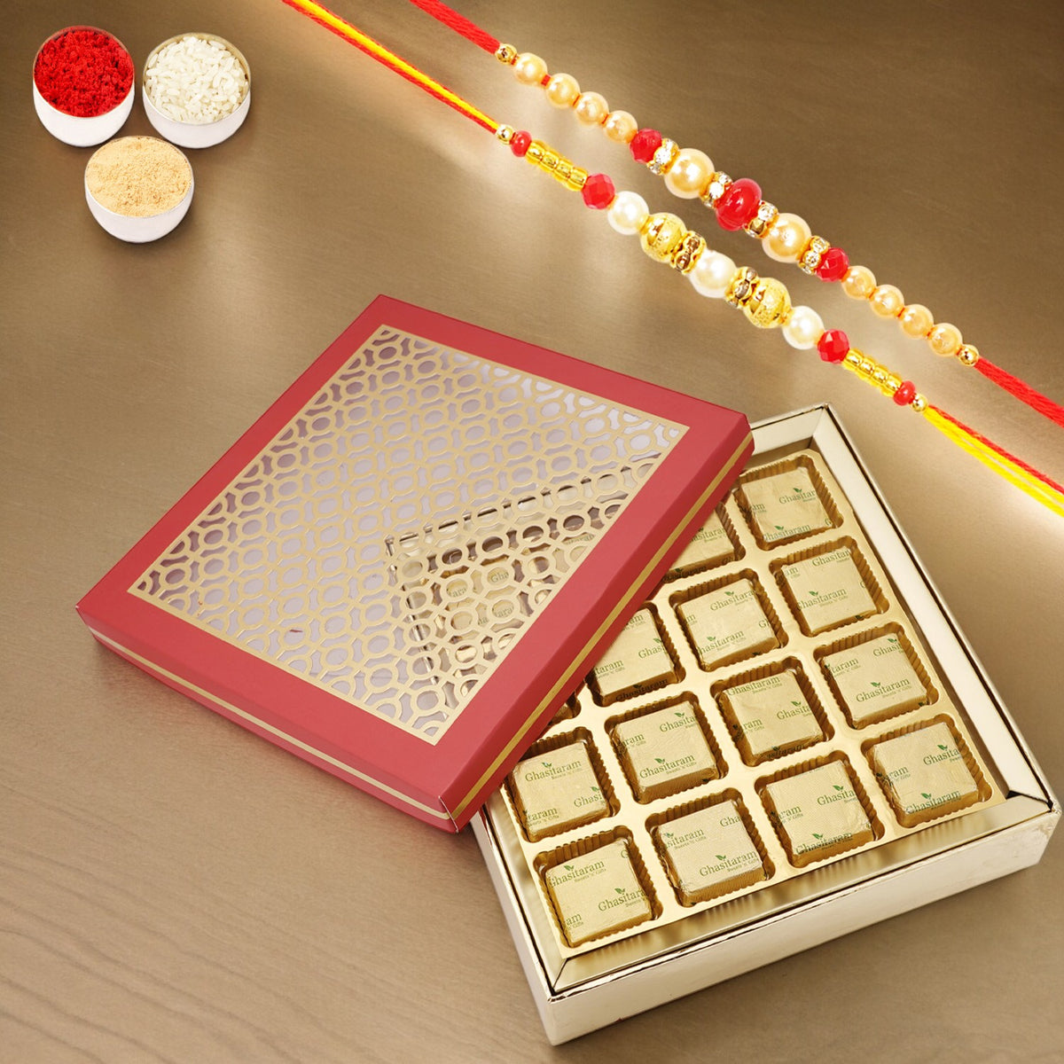 Carving Box of 16 Mewa Bites with 2 Rakhis | Rakhi Hampers | Raksha Bandhan Gifts