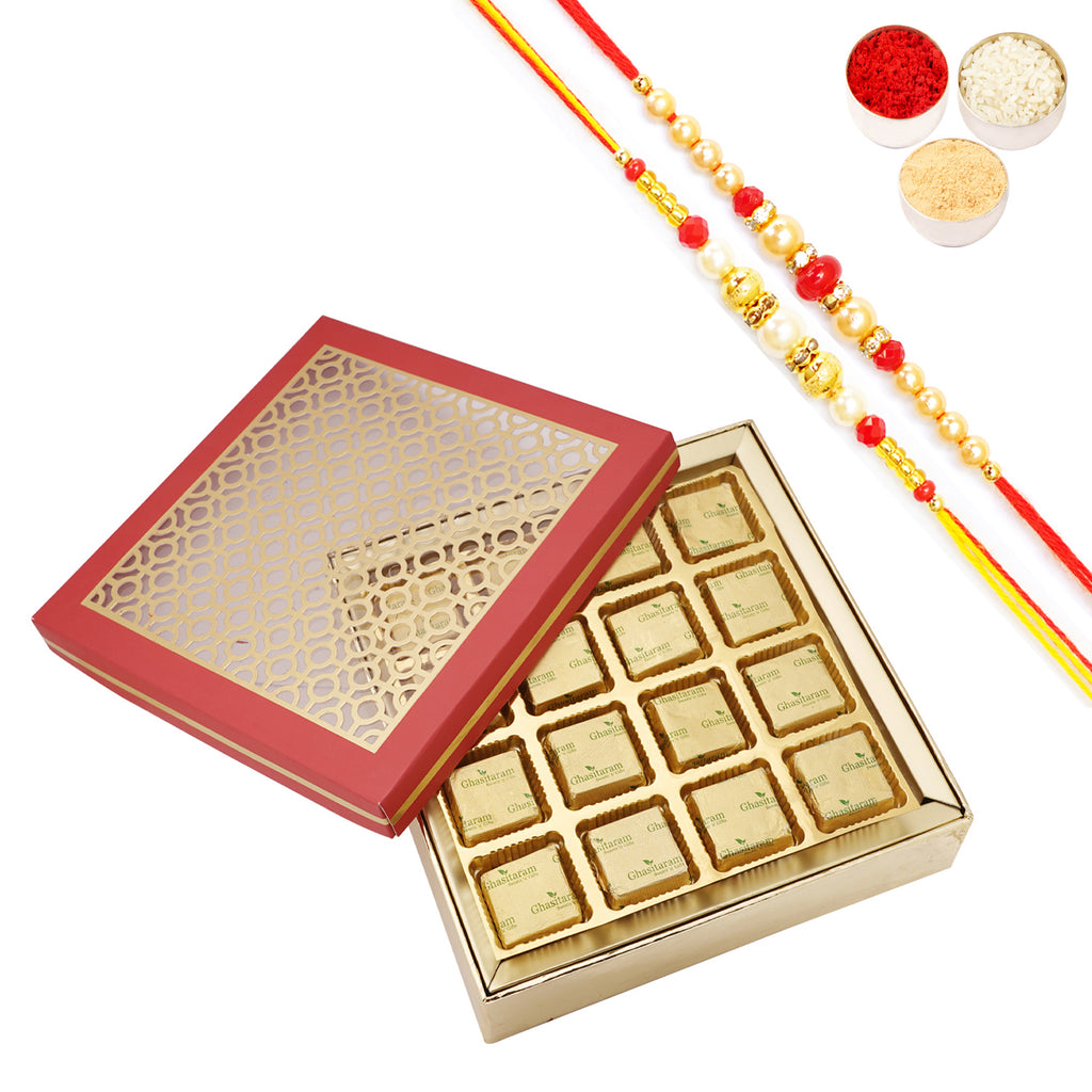 Rakhi Gifts-Carving Box of with 16 pcs Mewa bites and 2 Rakhis