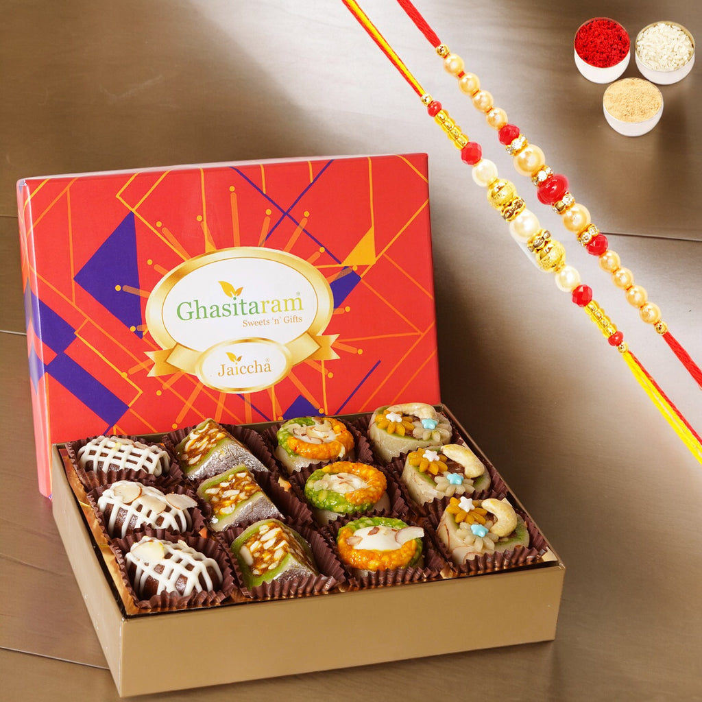 Rakhi Sweets-Exotic Dryfruit Sweets in Premium Box 12pcs with 2 Rakhi