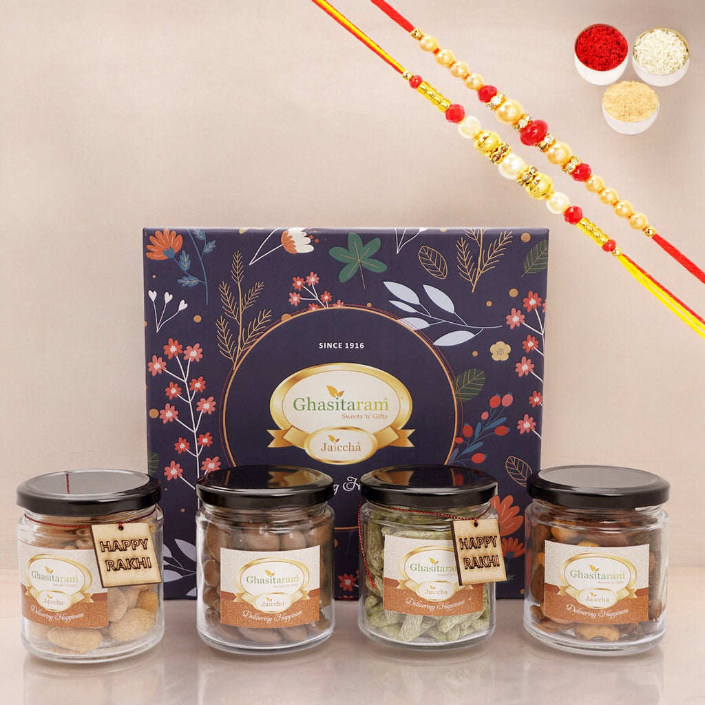 Rakhi Gifts | Ghasitaram Hamper Box of 4 Assorted Dryfruit Jars with Rakhi Tags & 2 Rakhis | Rakhi Hampers for Brother