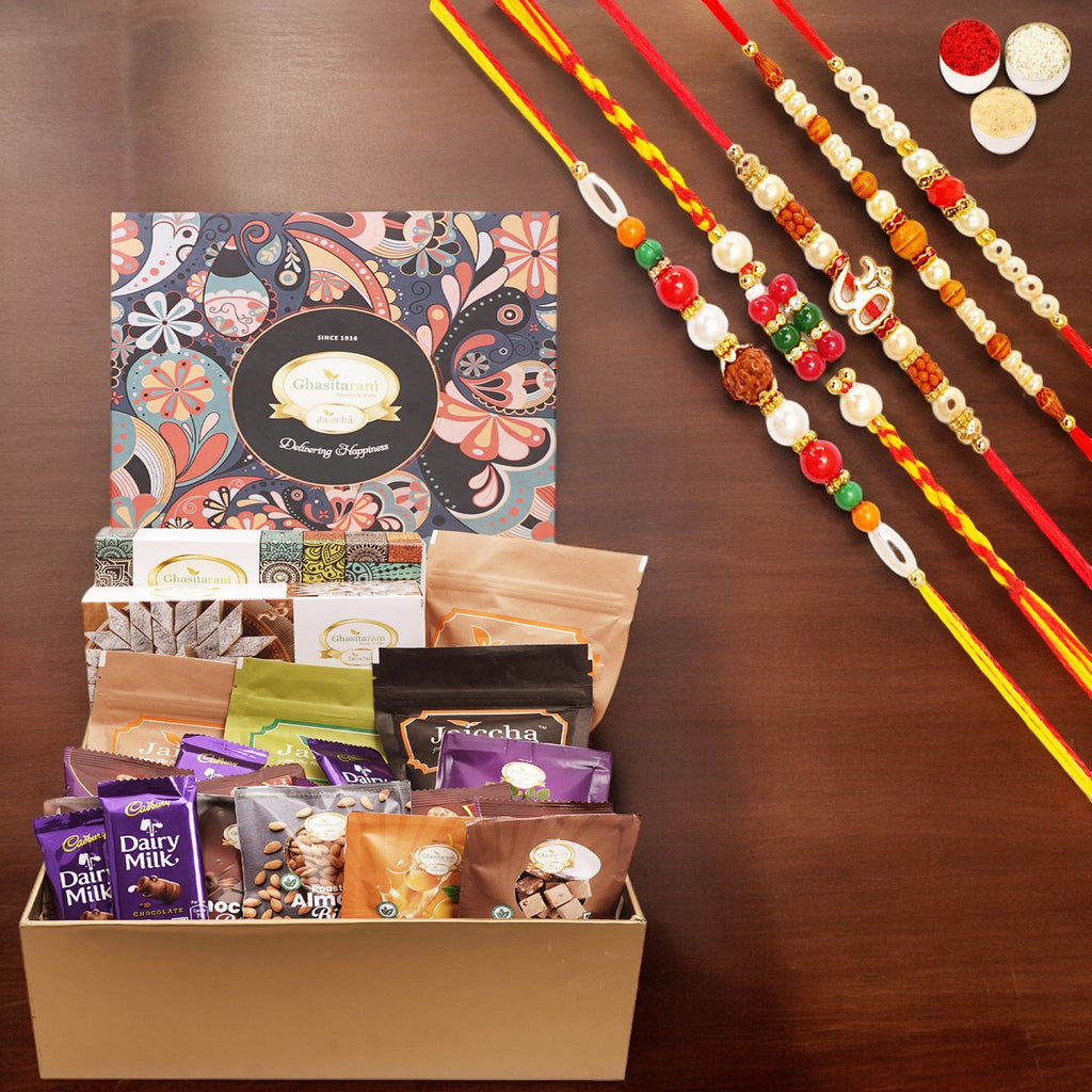 Rakhi Gifts-Ghasitaram Big Hamper Box of assorted Goodies 23 goodies with 5 Rakhis