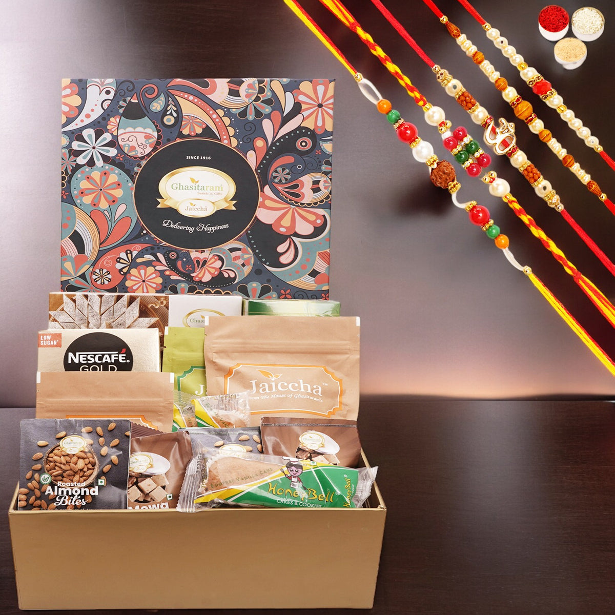Ghasitaram Big Hamper Box of assorted Goodies 23 goodies with 5 Rakhis