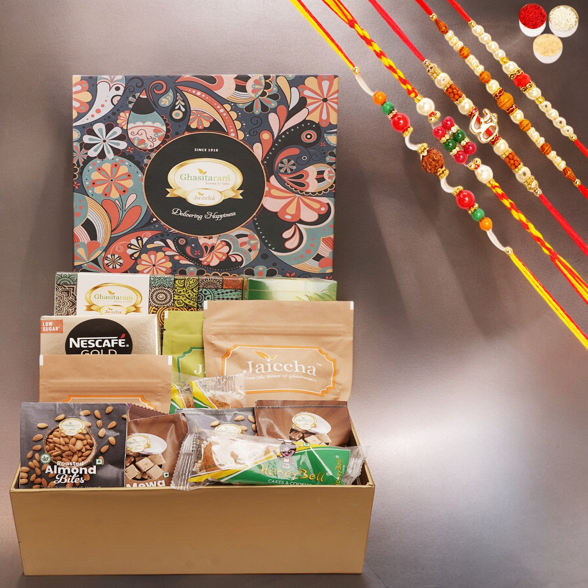 Ghasitaram Big Hamper Box of assorted Goodies 23 goodies with 5 Rakhis