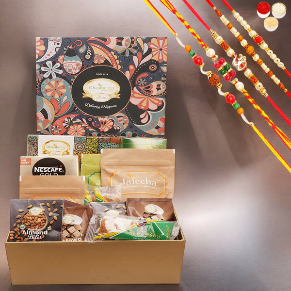 Ghasitaram Big Hamper Box of assorted Goodies 23 goodies with 5 Rakhis