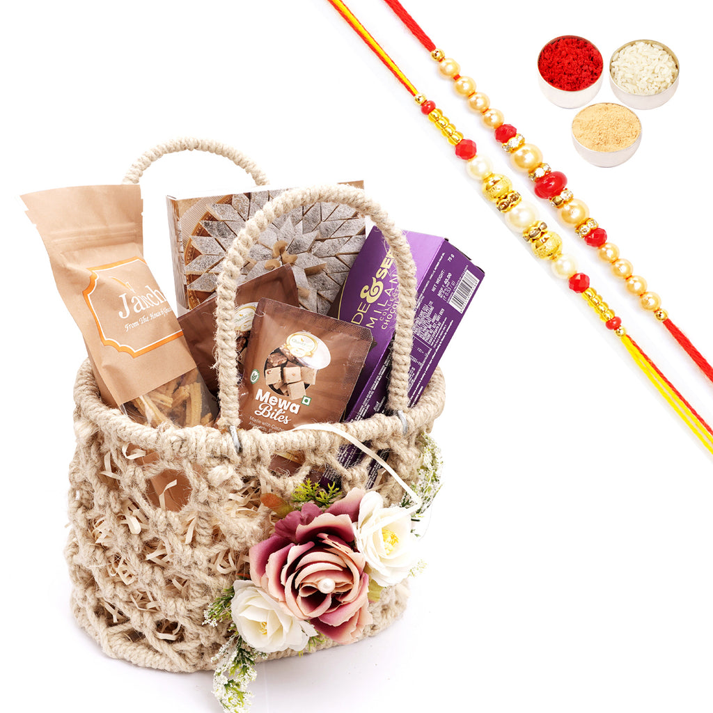 Rakhi Gifts-Jute Flower Basket with Kaju Katli with 2 Rakhis