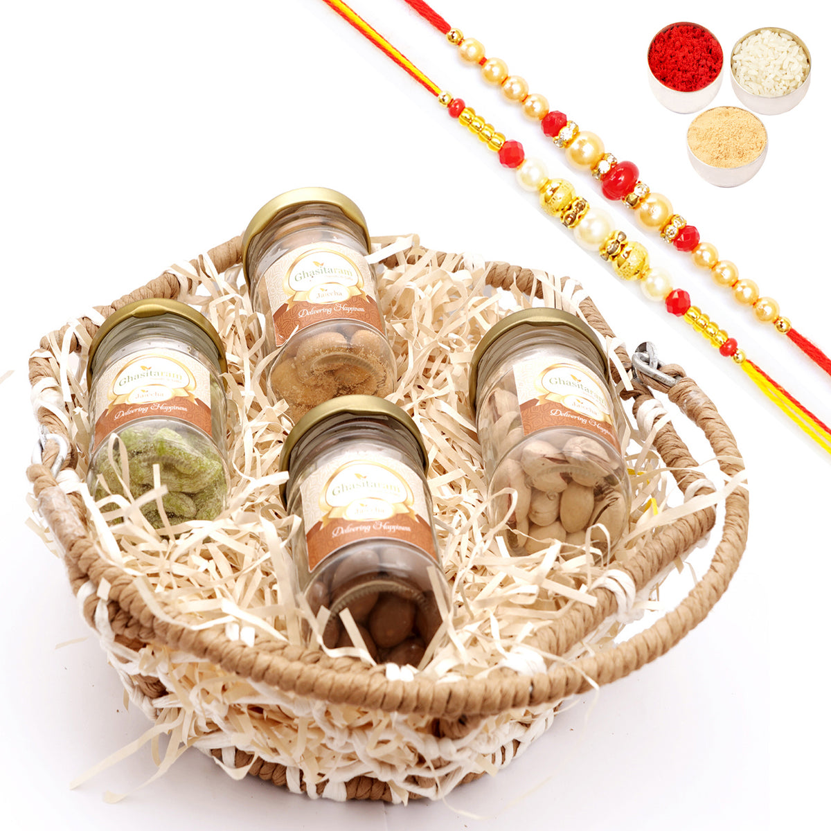 Rakhi Gifts-Jute Hexagon Basket with Dryfruit Jars with 2 Rakhis