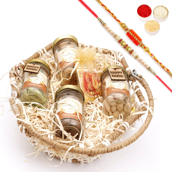 Raksha Bandhan Gifts | Jute Hexagon Basket with Rakhi Tags & 2 Rakhis | Rakhi Hampers