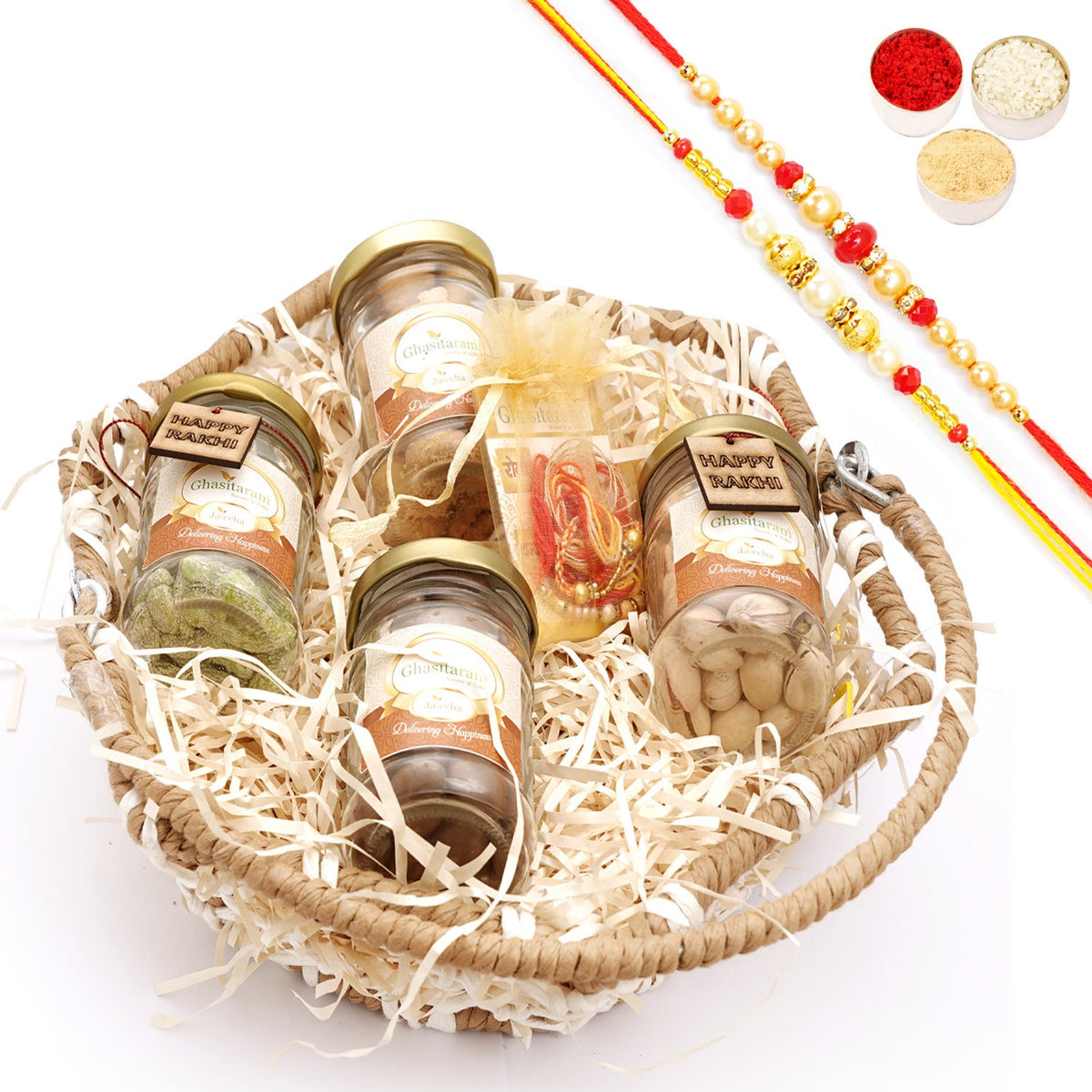 Rakhi Gifts-Jute Hexagon Basket with Rakhi Tags with 2 Rakhis